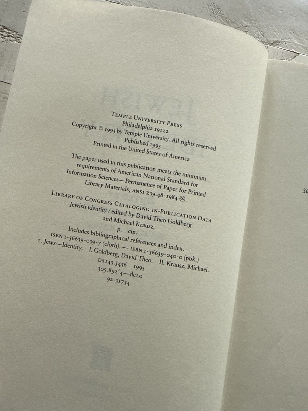 Jewish Identity 1993 Temple Univ Press Signed by Michael Krausz to His Mother HC