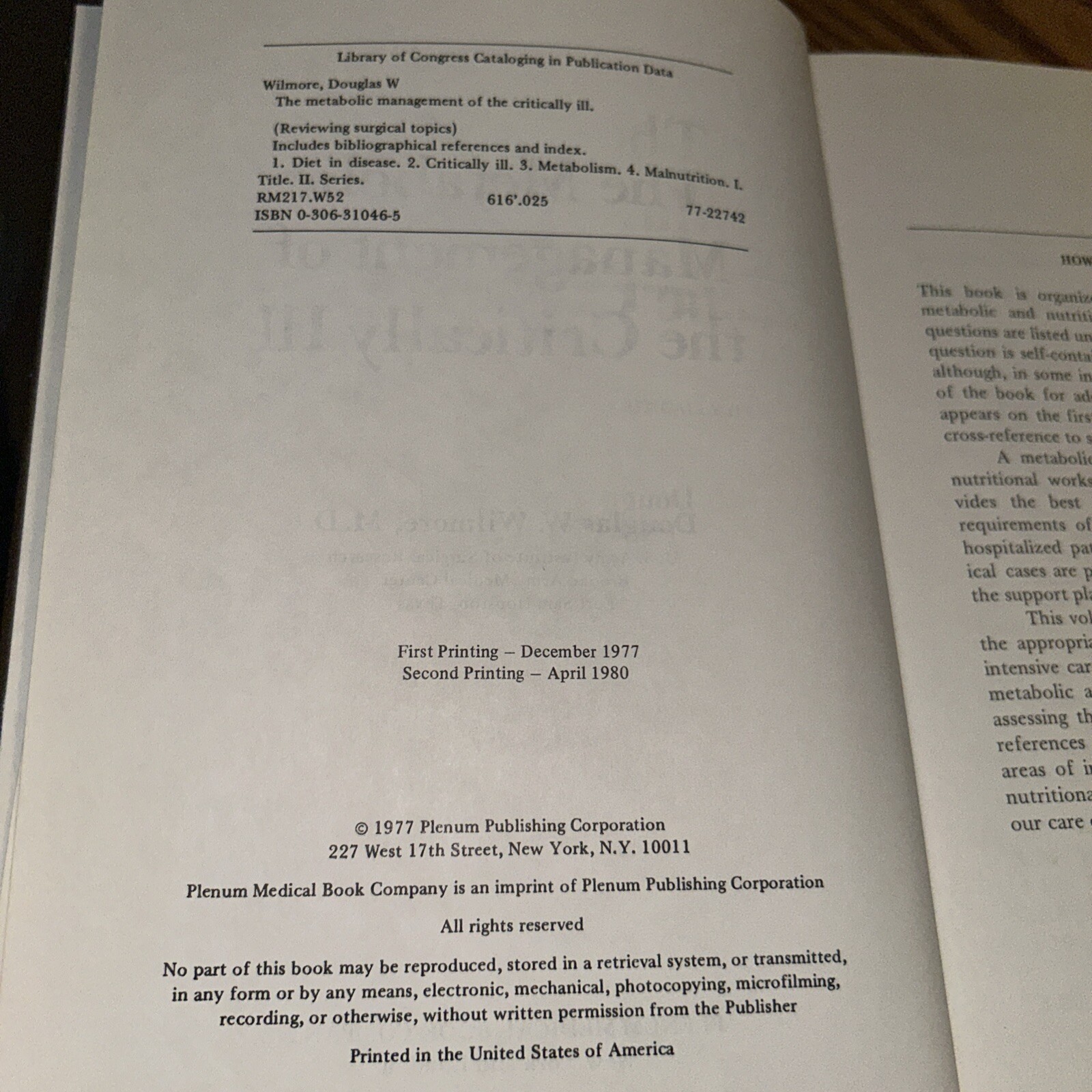 THE METABOLIC MANAGEMENT OF THE CRITICALLY ILL 1980 hardcover