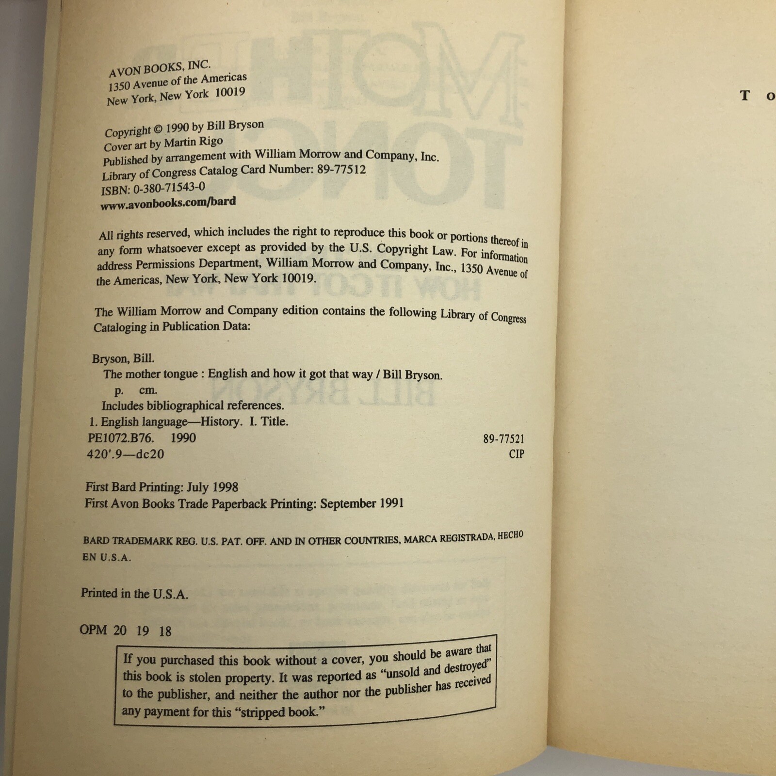 The Mother Tongue: English & How It Got That Way, Bill Bryson (PB 1st Bard 1998)