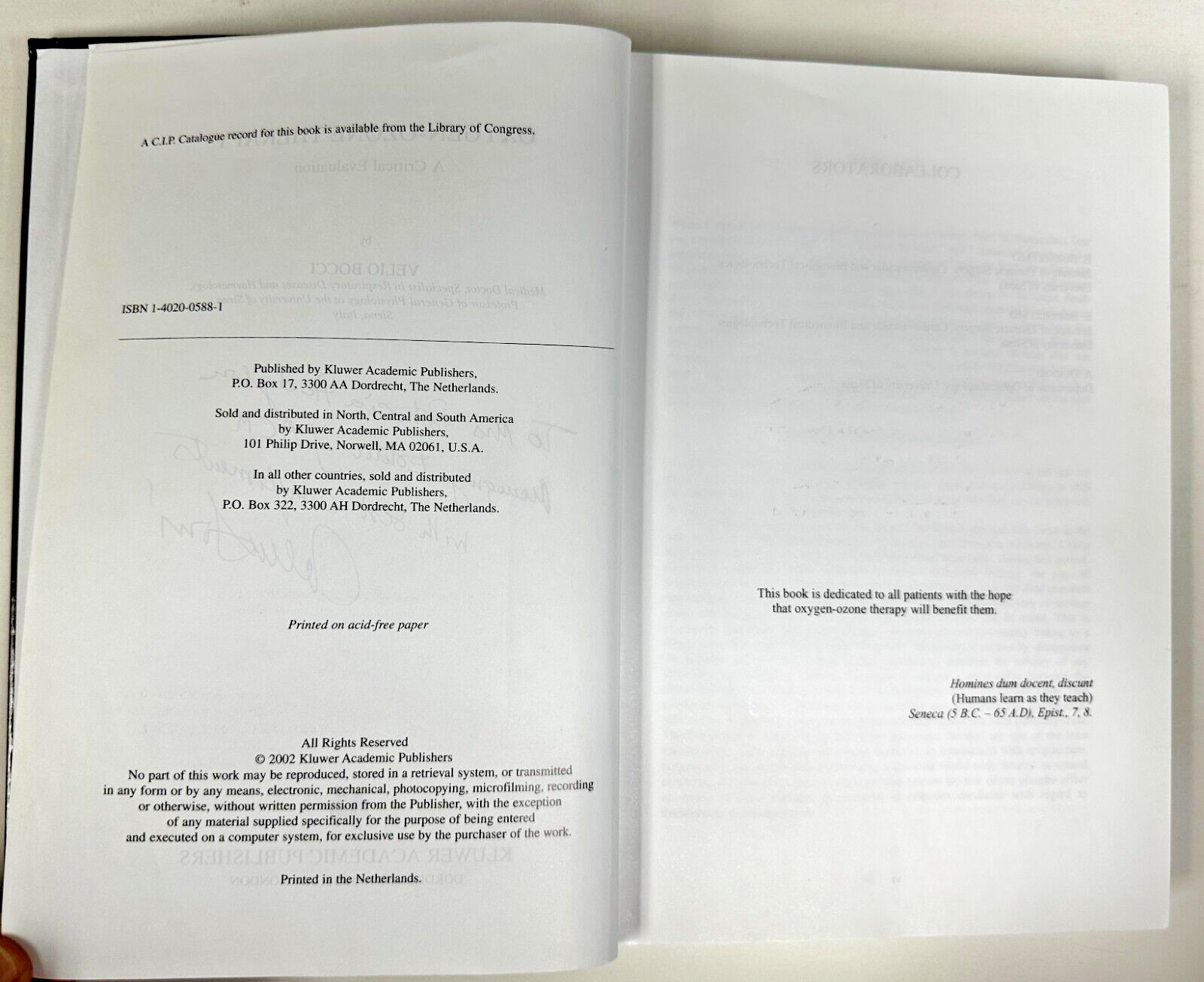 Oxygen-Ozone Therapy : A Critical Evaluation-Velio Bocci-SIGNED-1st. ed. 2002-VG