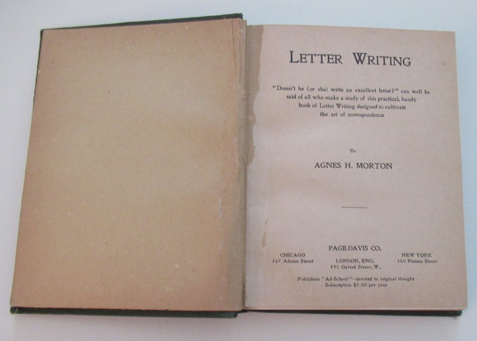 Vintage Green Cloth Hardcover Letter Writing by Morton Page Davis Co RARE