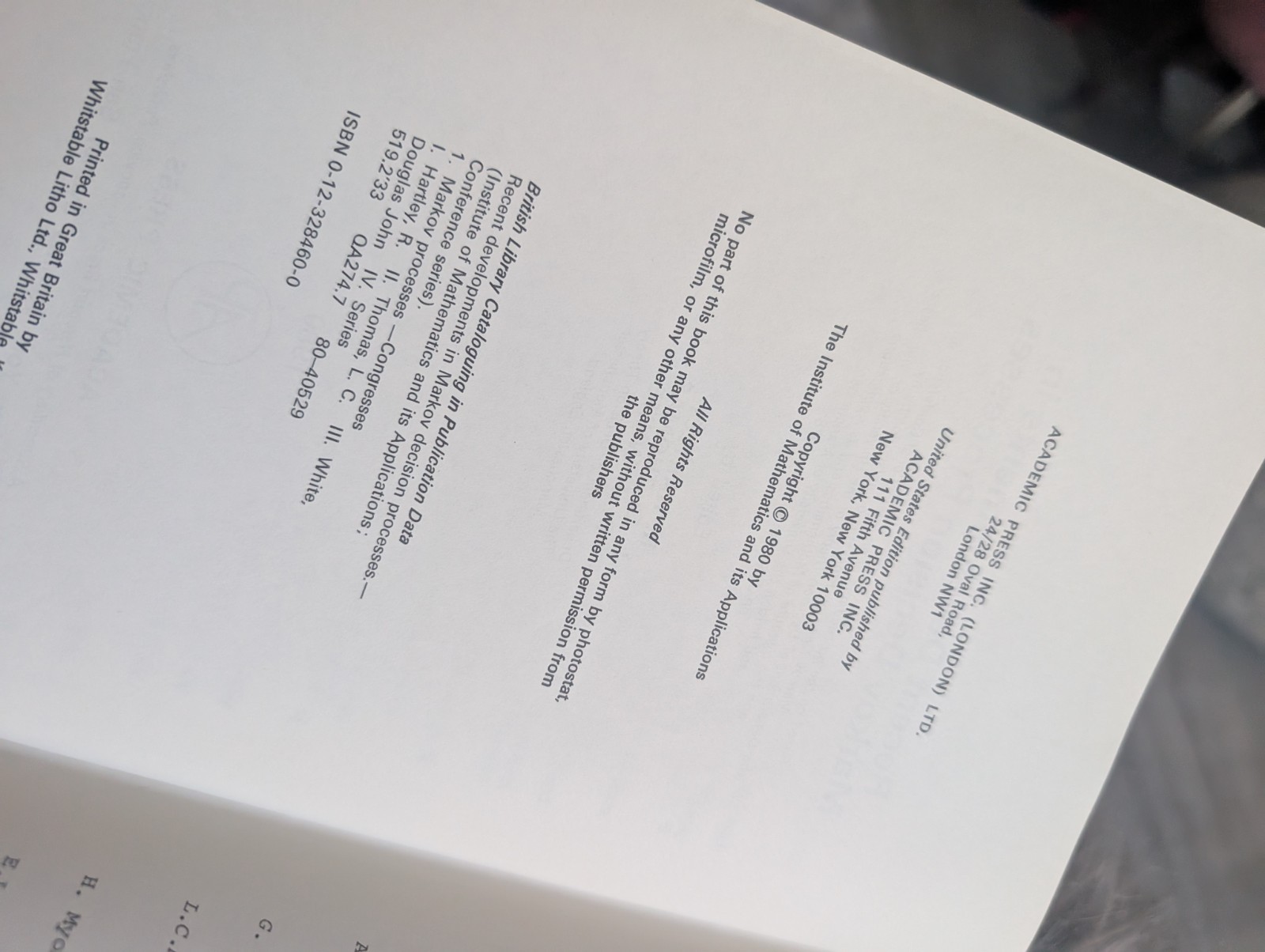Recent developments in Markov decision processes 1980 Various Authors A35