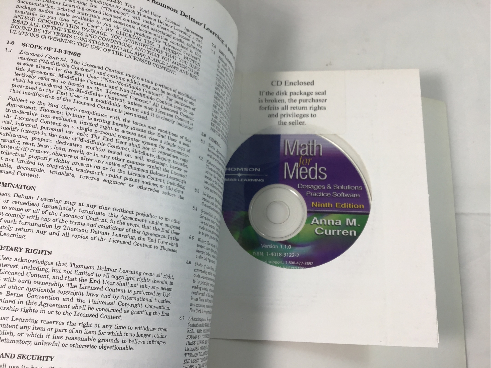 Math For Meds Dosage & Solution Anna M Curren Ninth Edition 2005 Soft Cover W/CD
