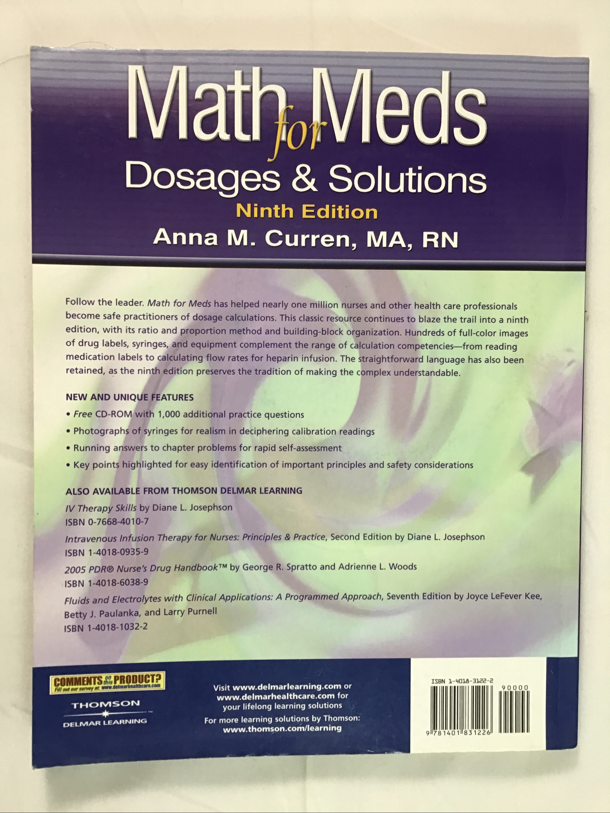 Math For Meds Dosage & Solution Anna M Curren Ninth Edition 2005 Soft Cover W/CD