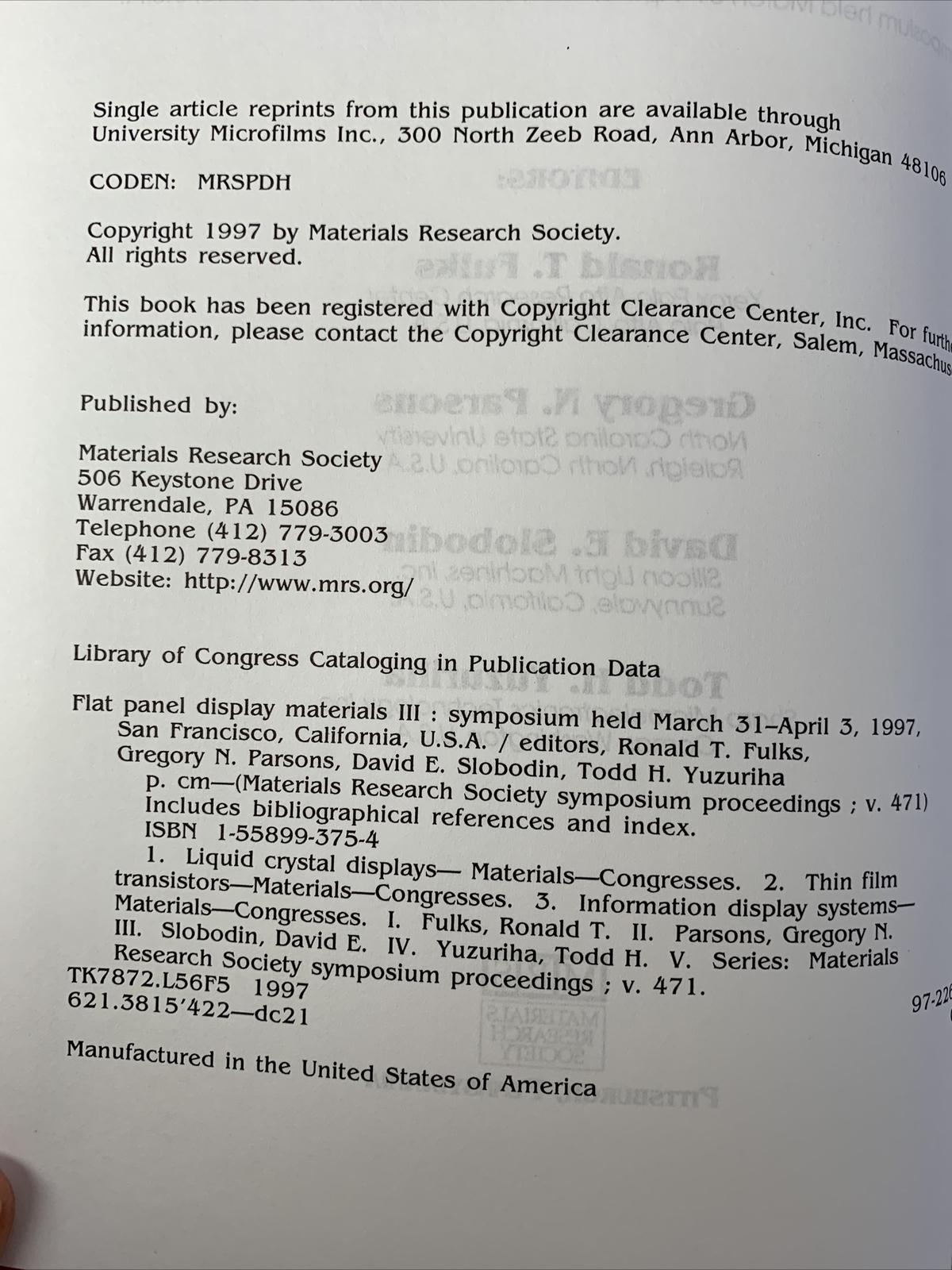 MRS Proceedings Ser.: Flat-Panel Display Materials III (1997, Hardcover)