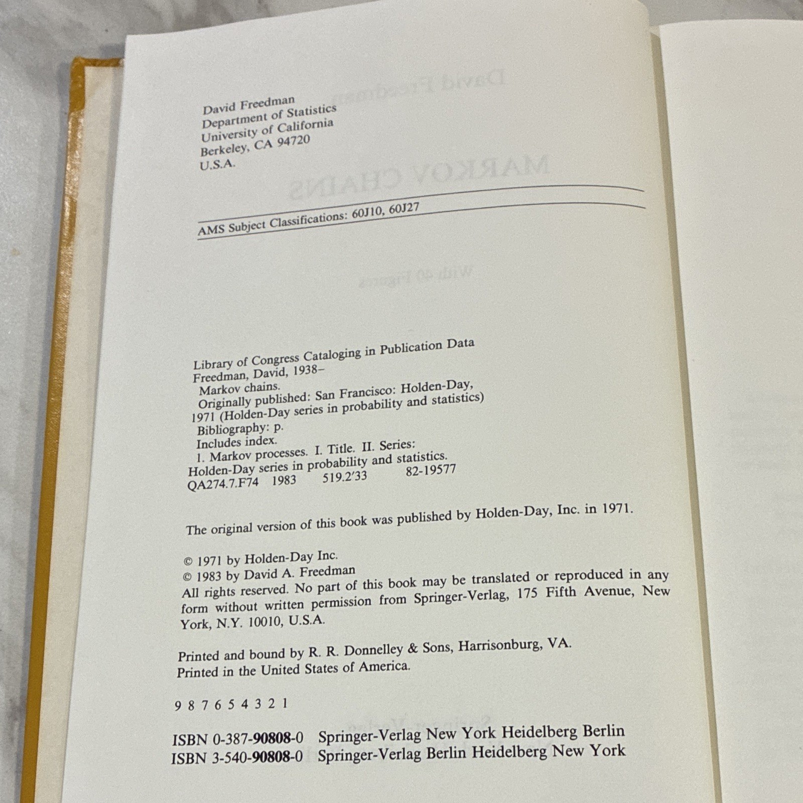 David Freedman Markov Chains Hardcover Textbook Mathematics Springer-Verlag 1983