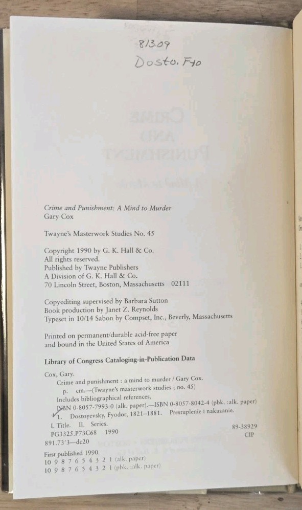 Crime and Punishment A Mind to Murder Gary Cox Twayne Masterwork Studies
