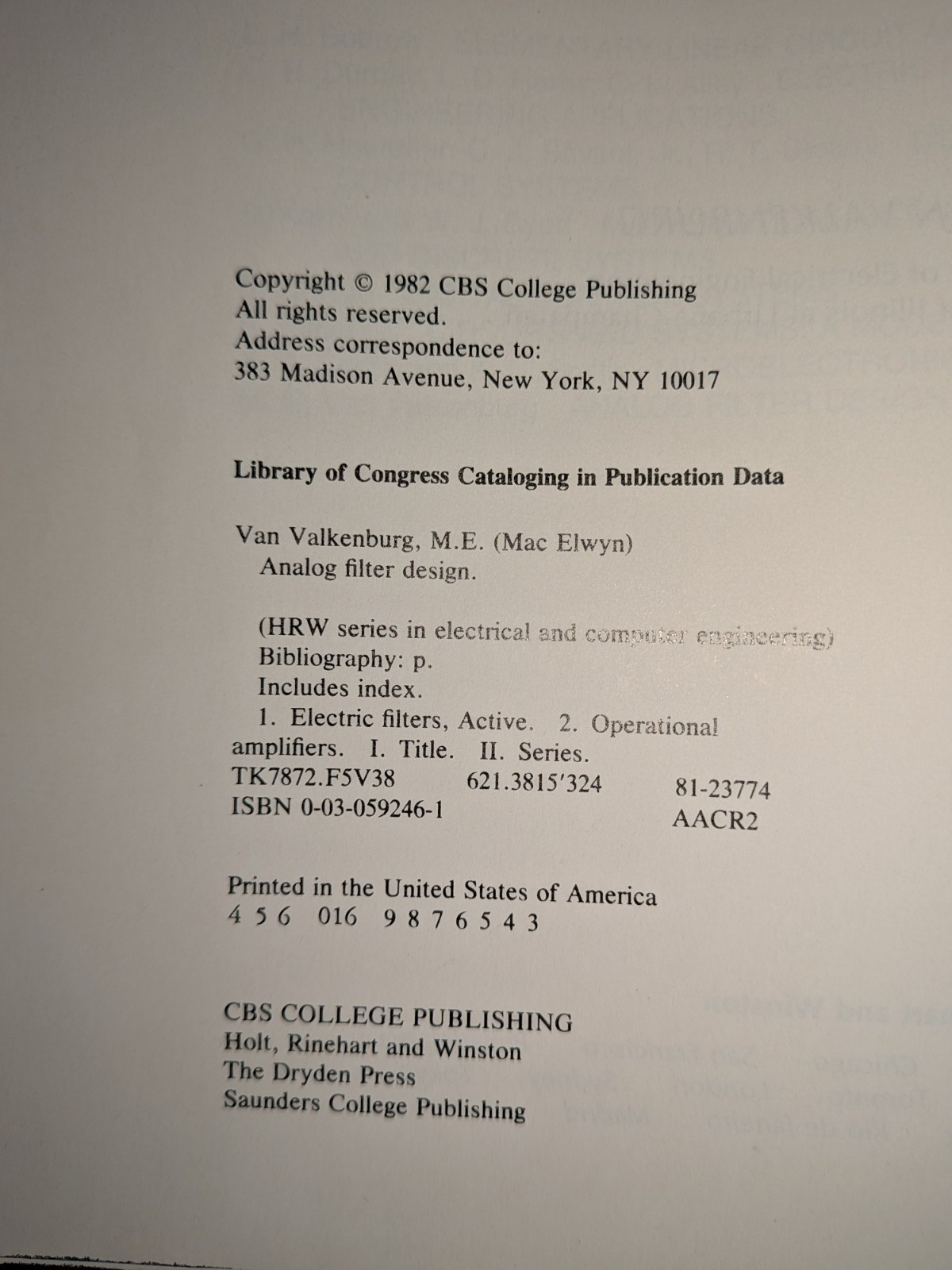 Analog Filter Design – M.E. Van Valkenburg – 1982 – Hardcover – Engineering