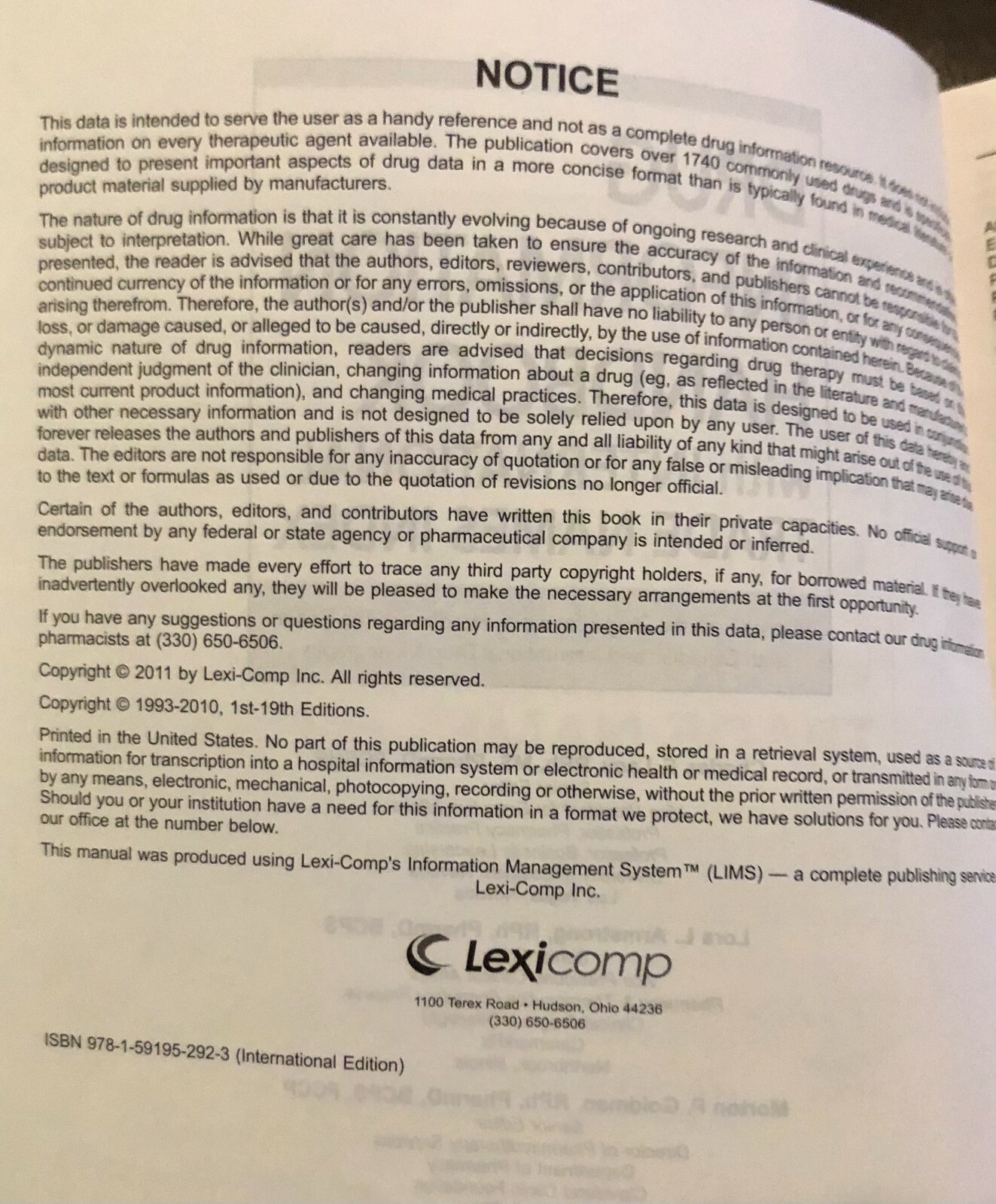 Lexi-Comp Drug Information Handbook w/ International Trade Names Index 20th Ed.
